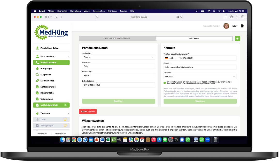 Medi-King-SOS Notfalldatenmanagement inkl. Notfallkarte im persönlichen Anschreiben
