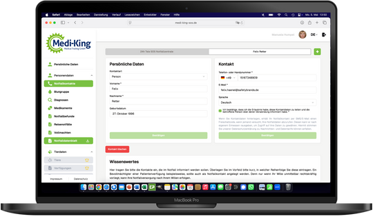 Medi-King-SOS Notfalldatenmanagement inkl. Notfallkarte im persönlichen Anschreiben