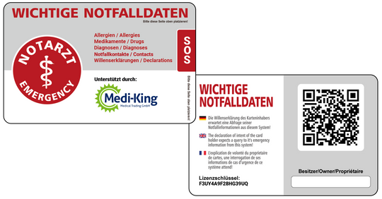Medi-King-SOS Notfalldatenmanagement inkl. Notfallkarte im persönlichen Anschreiben